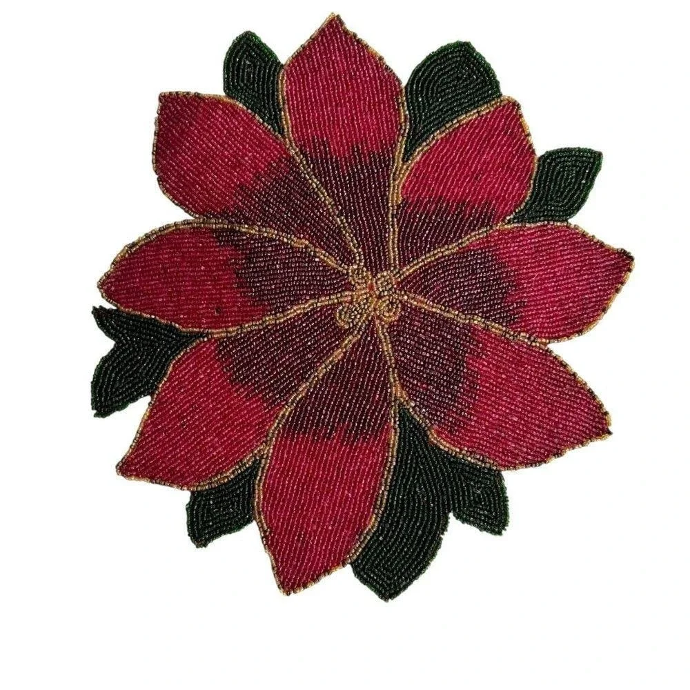 Vintage Beaded Poinsettia Holiday Placemats Set‎ Of 4 Red/Green/Gold Chargers